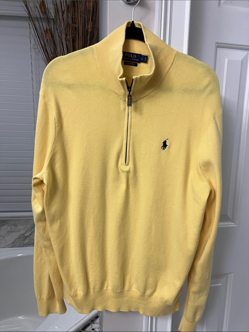 Polo by Ralph Lauren Men’s Light Yellow Half-Zip Sweater with Navy Pony